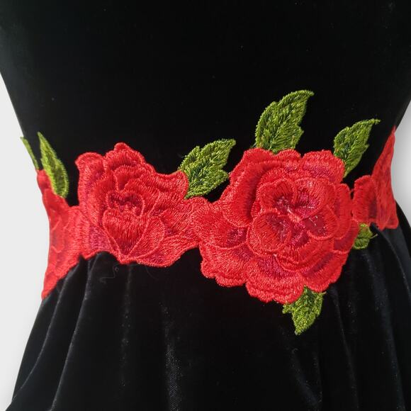 Gothic Black Velvet Red Rose Structured Mini Dress Sz 0 Y2K Dark Romance Prom - Picture 6 of 14
